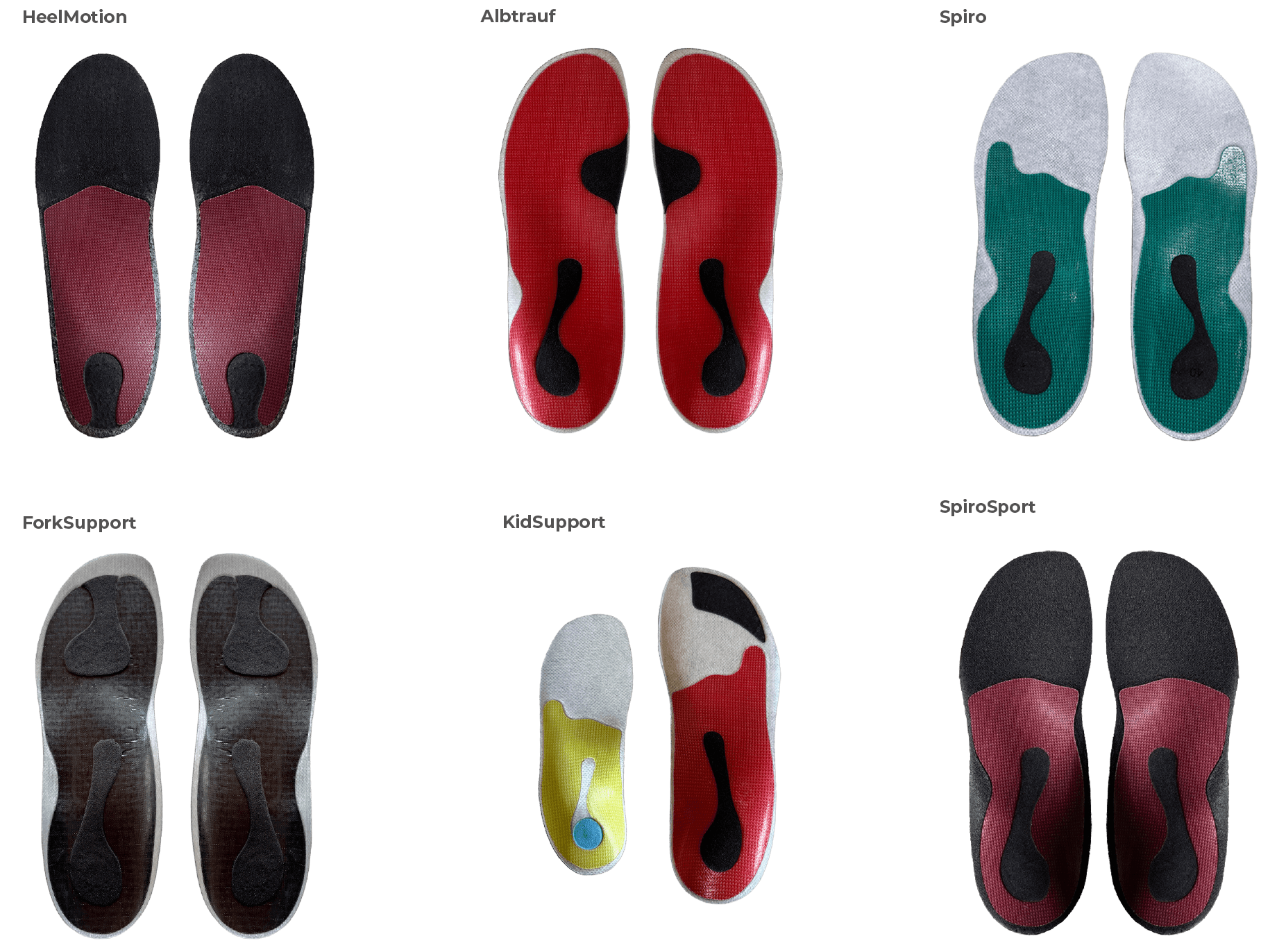 Sortimentsübersicht aller Einlagenrohlinge – HeelMotion, Albtrauf, Spiro, ForkSupport, KidSupport, SpiroSport